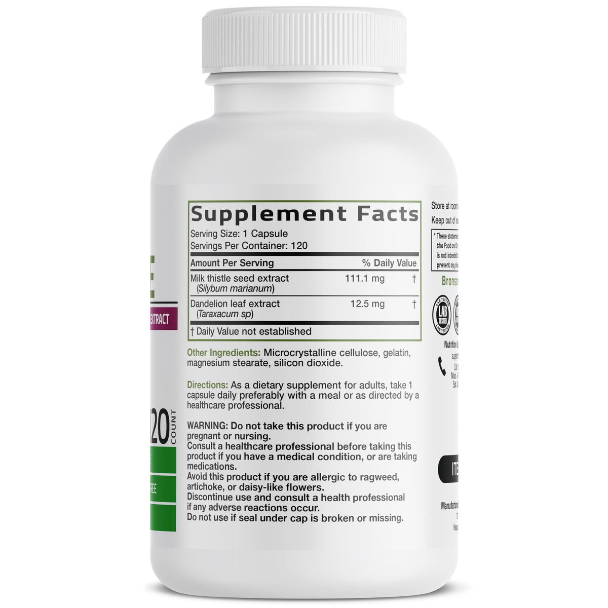 Side angle view of Bronson premium liver support supplement bottle detailing the non GMO and gluten free seals.