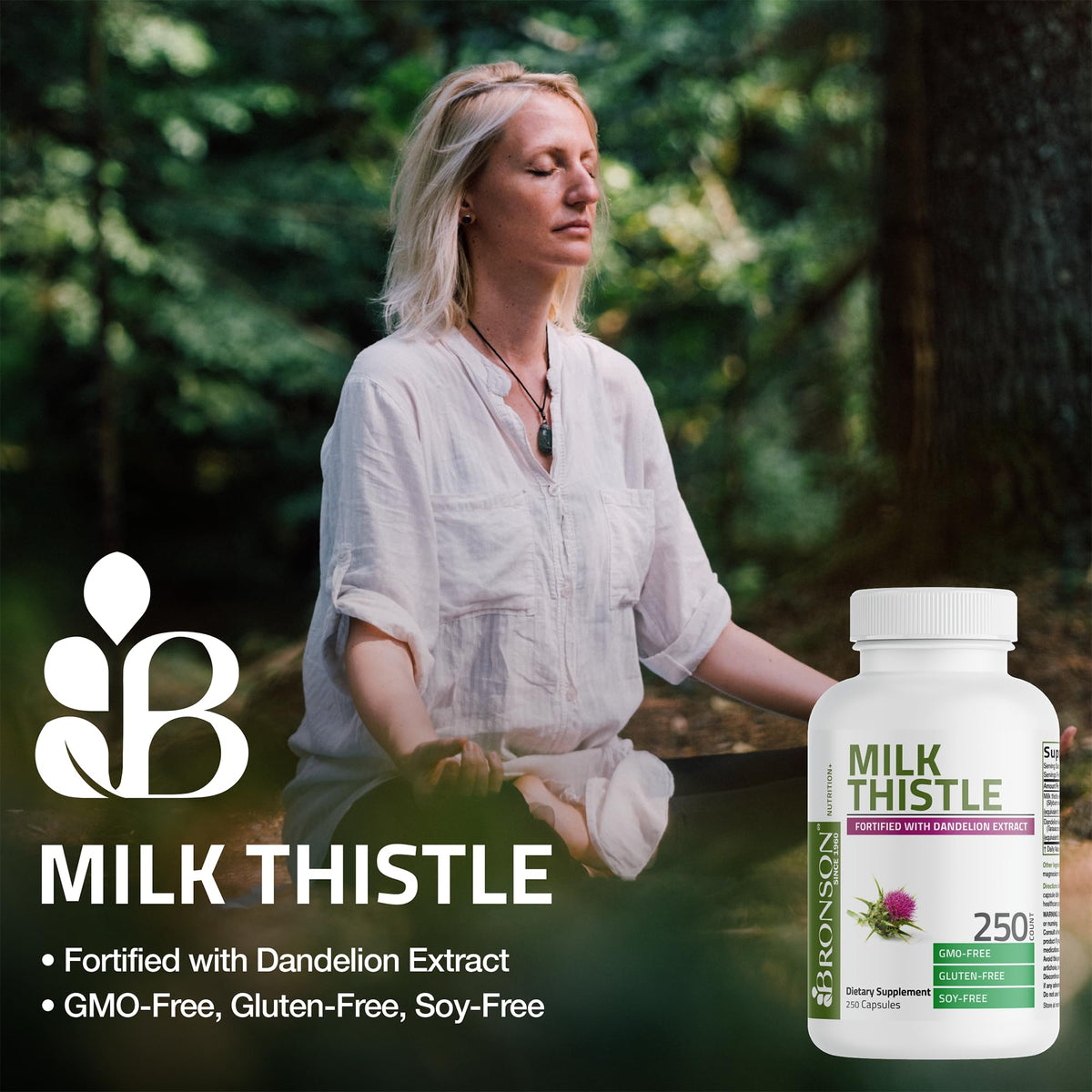 Back label of authentic Bronson milk thistle seed extract with comprehensive nutritional facts and herbal blend milligram details.