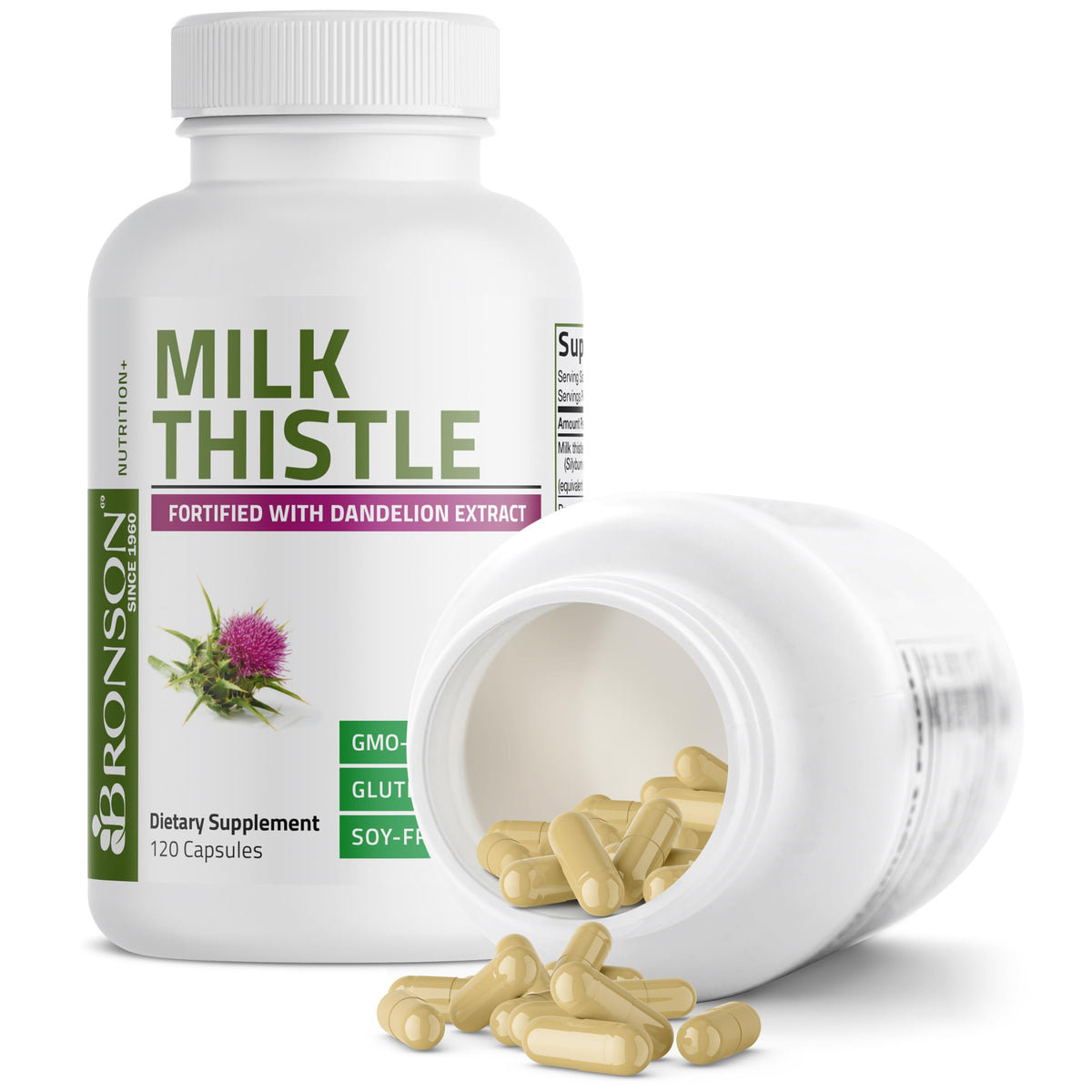 Bronson silymarin marianum and dandelion root formula showing clear product instructions and manufacturing quality certification markings.