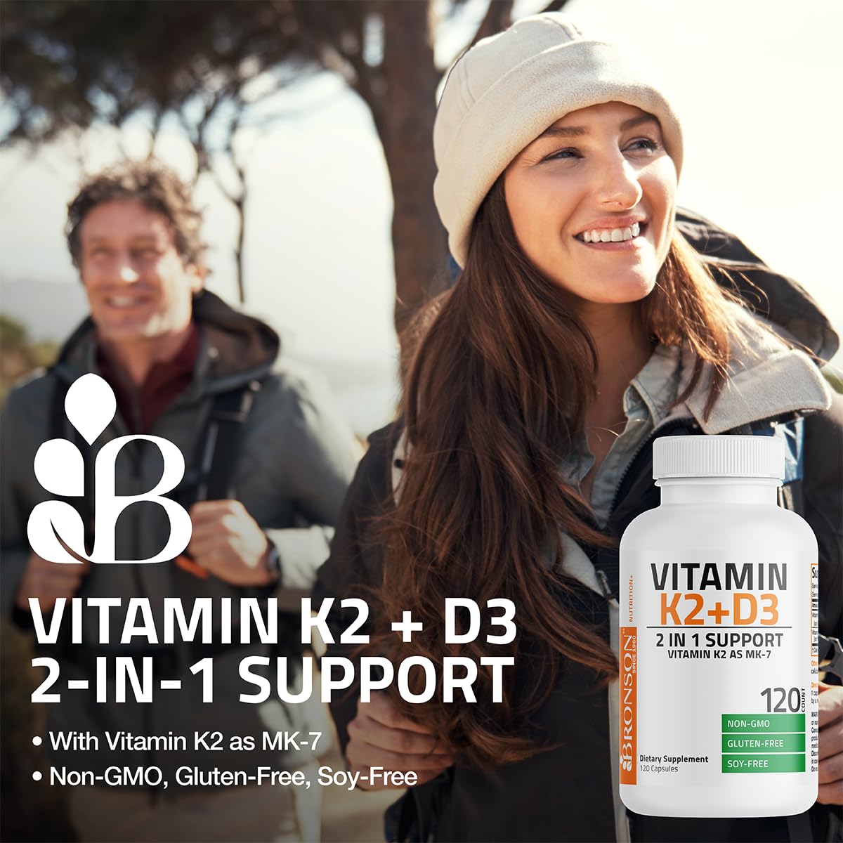Side angle view of Bronson bones and heart health supplement showing dietary certifications