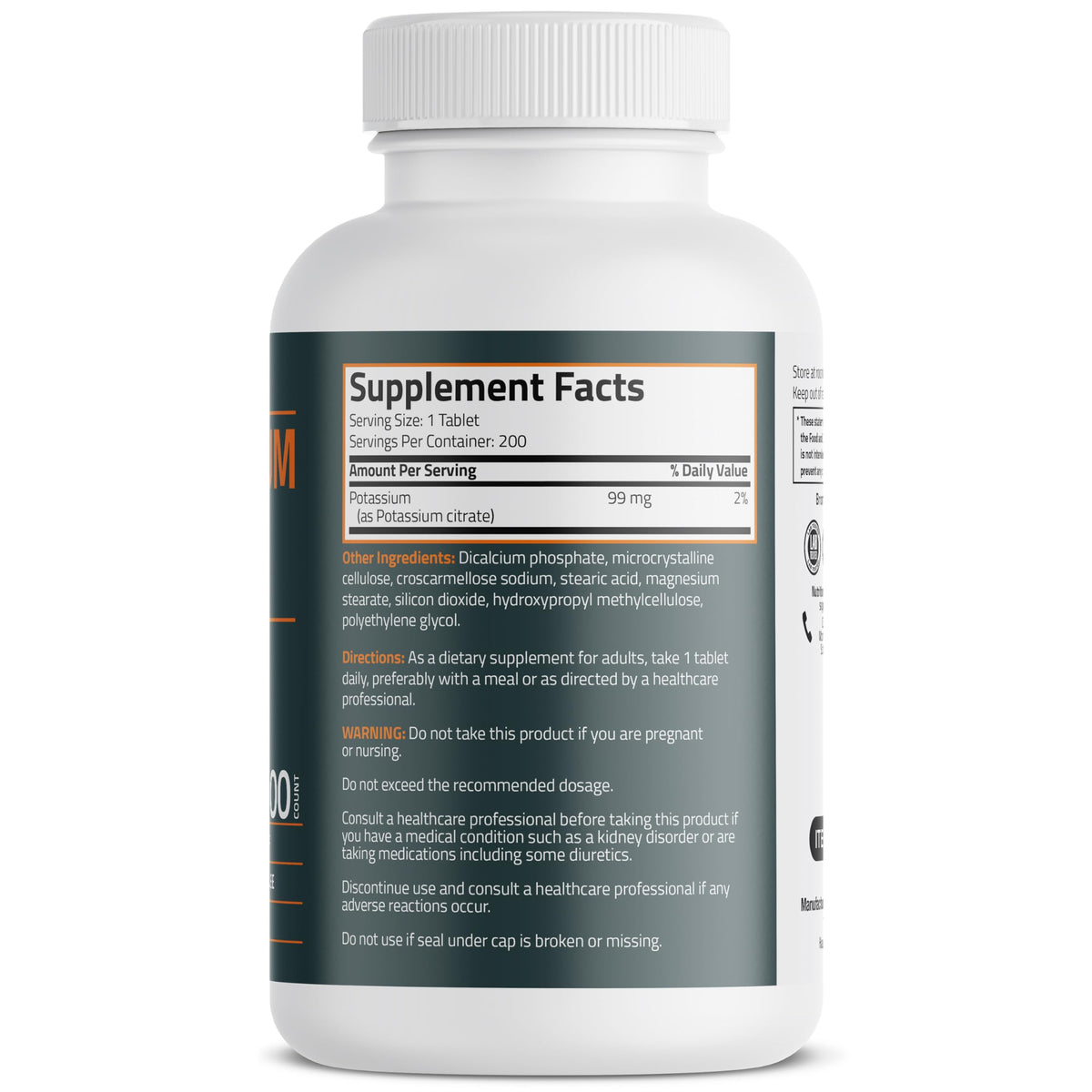 Bronson Potassium Citrate two hundred vegetarian tablets packaging displaying non-GMO and gluten-free certification logos