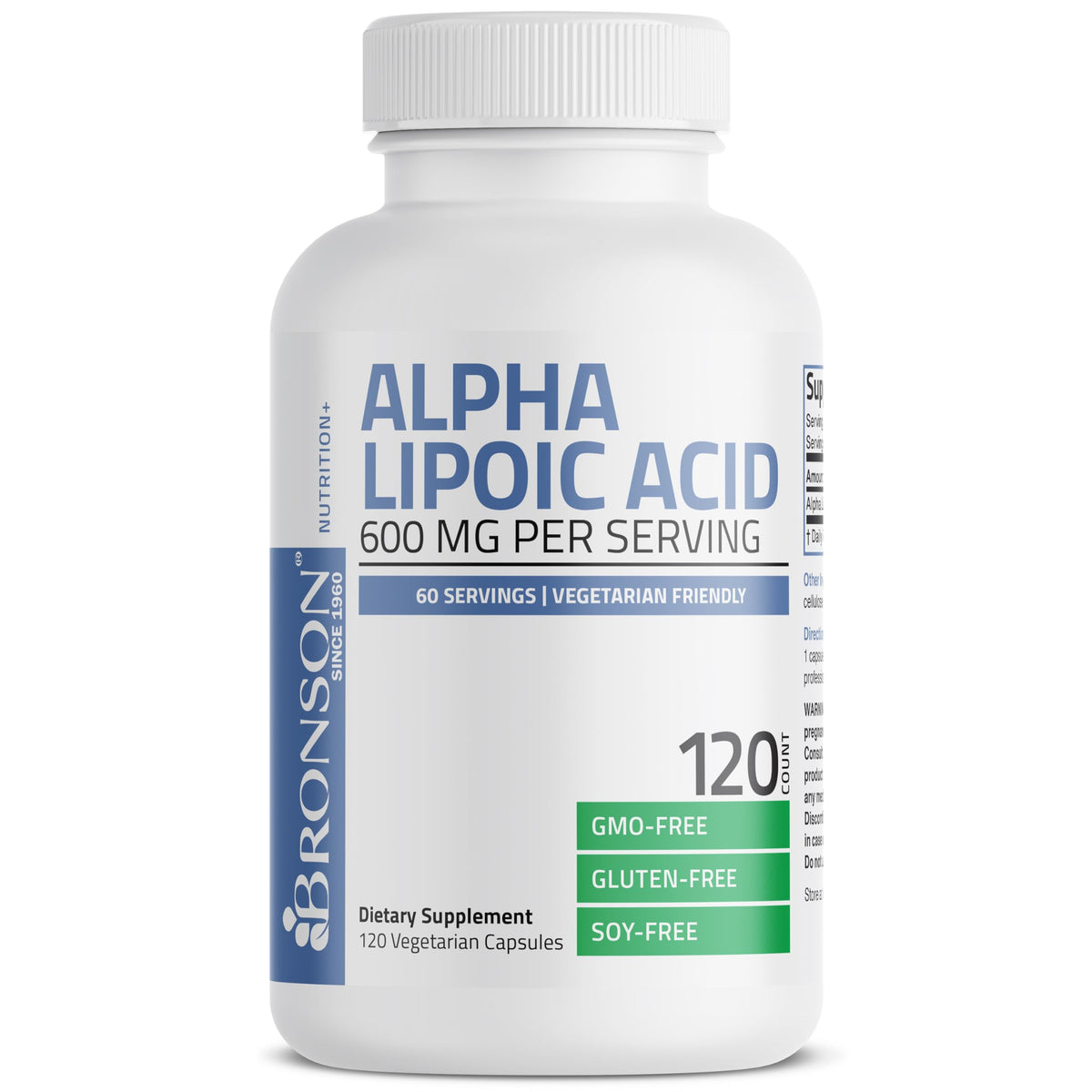 Back label of Bronson Alpha Lipoic Acid 600mg highlighting nutritional facts and clean ingredients list