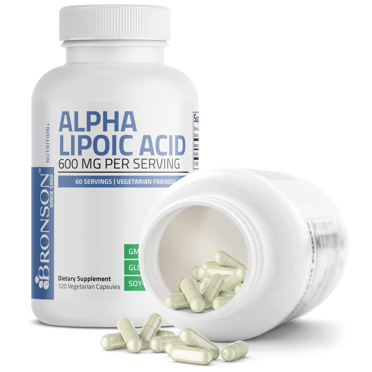 Close-up of the vegetarian capsules next to the Bronson Alpha Lipoic Acid bottle