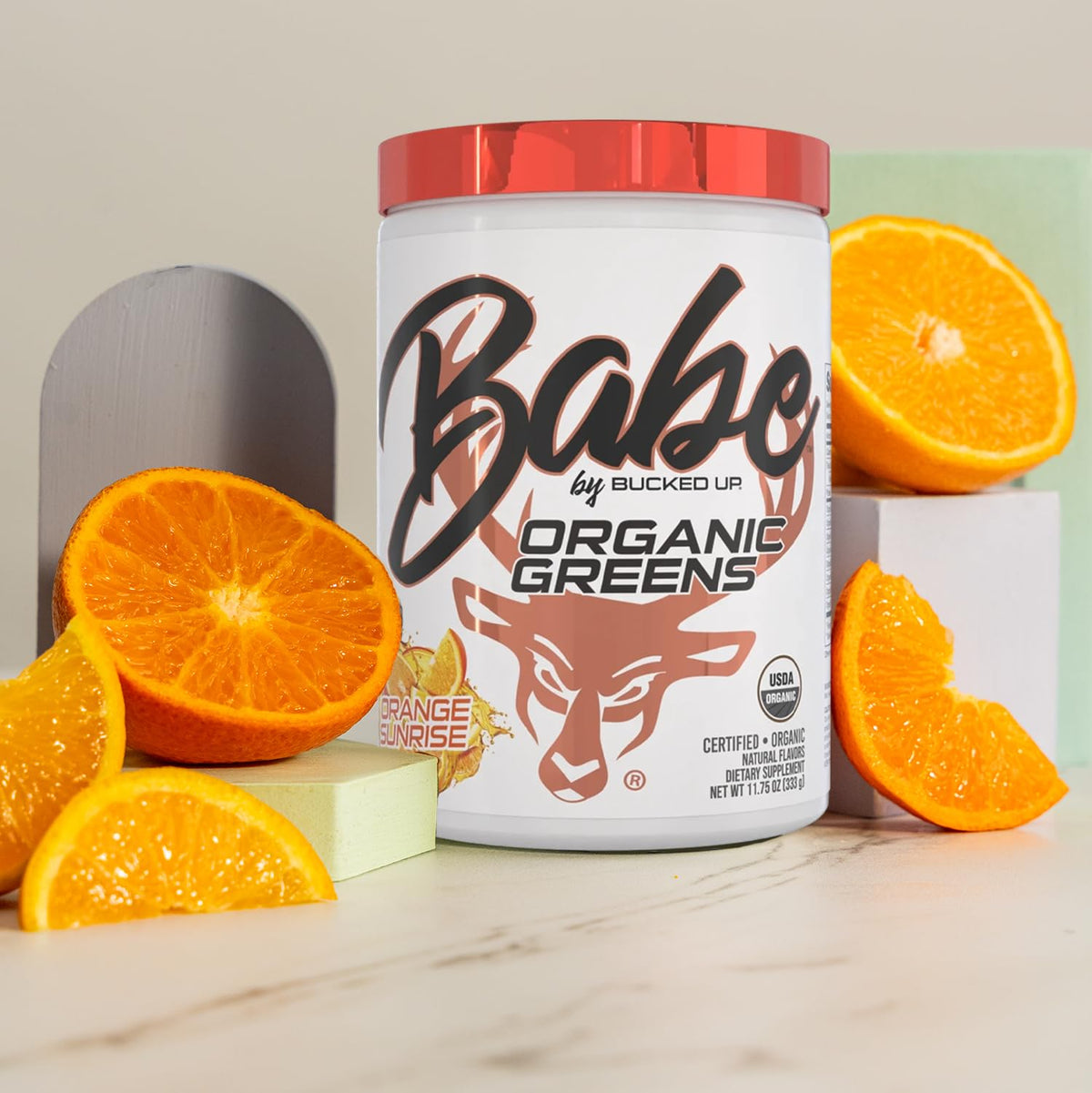 Bucked Up Organic Greens scoop and powder supplement
