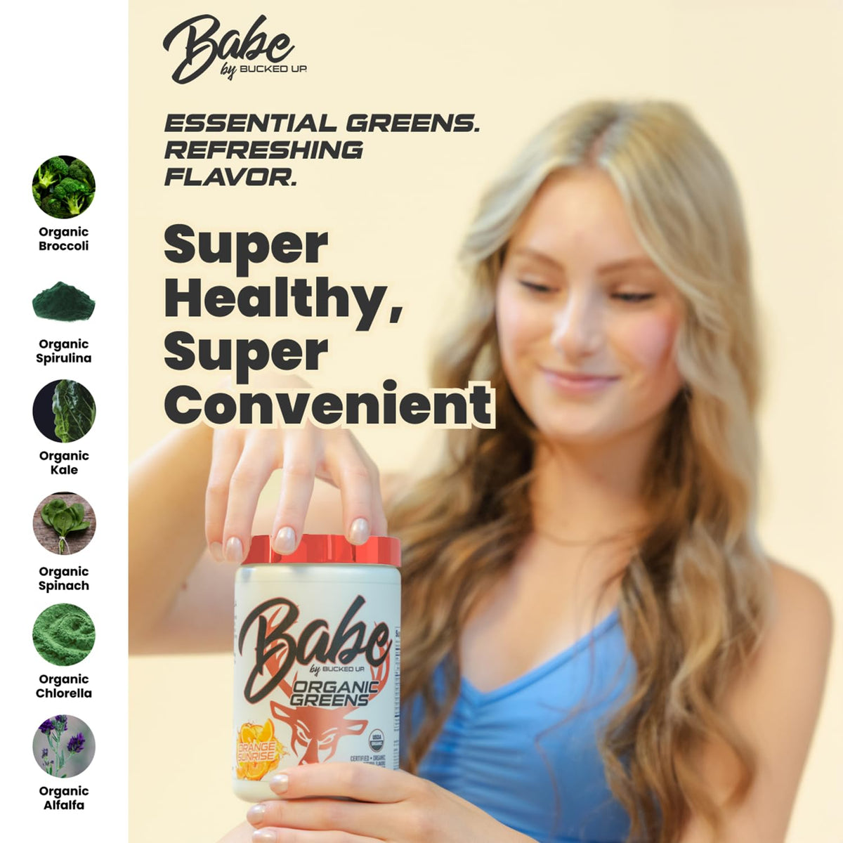 USDA organic certification seal on Bucked Up greens container