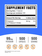 Supplement facts label on the side of BulkSupplements Potassium Citrate bottle detailing ingredients.