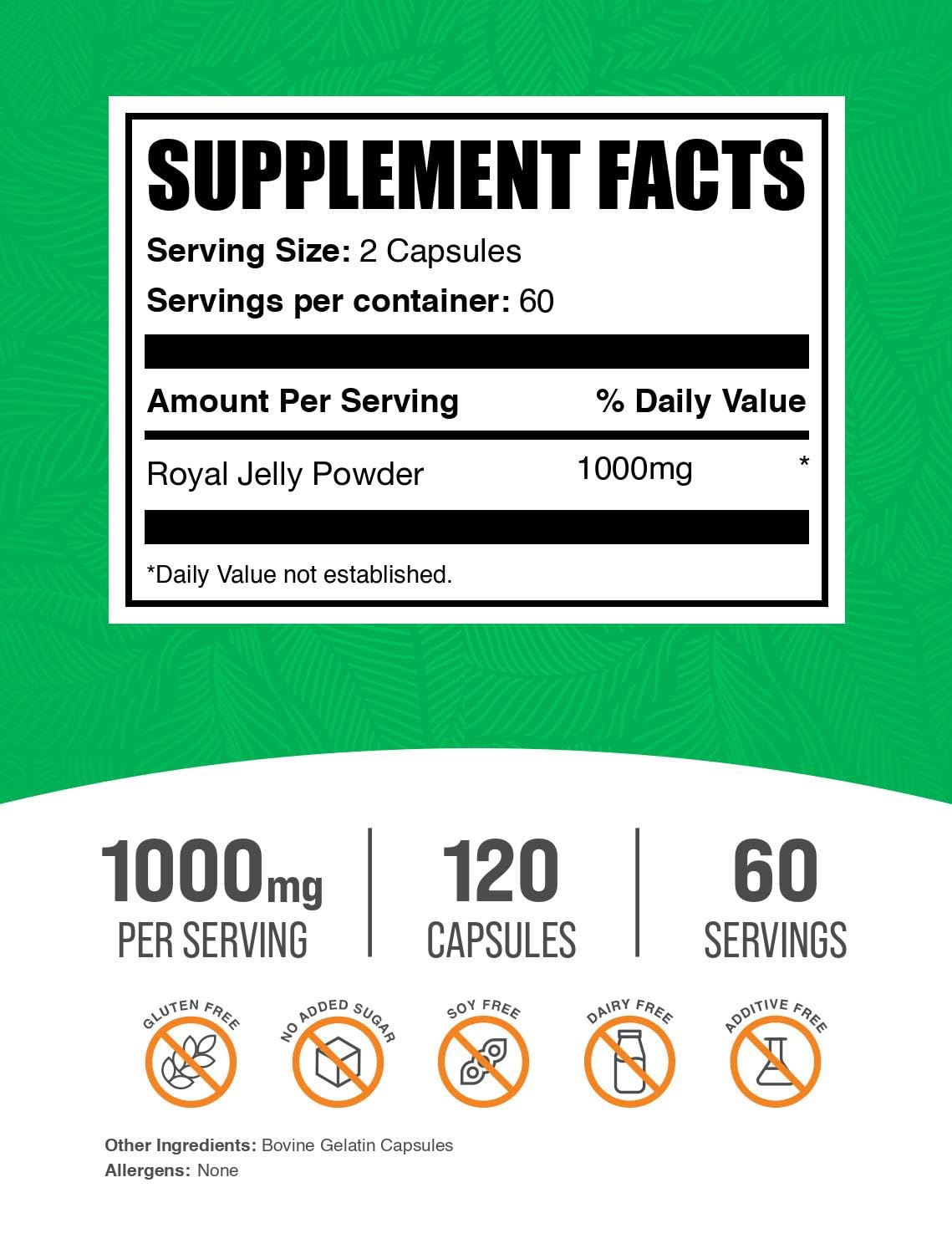 BulkSupplements Royal Jelly dietary supplement ingredients and nutritional facts panel