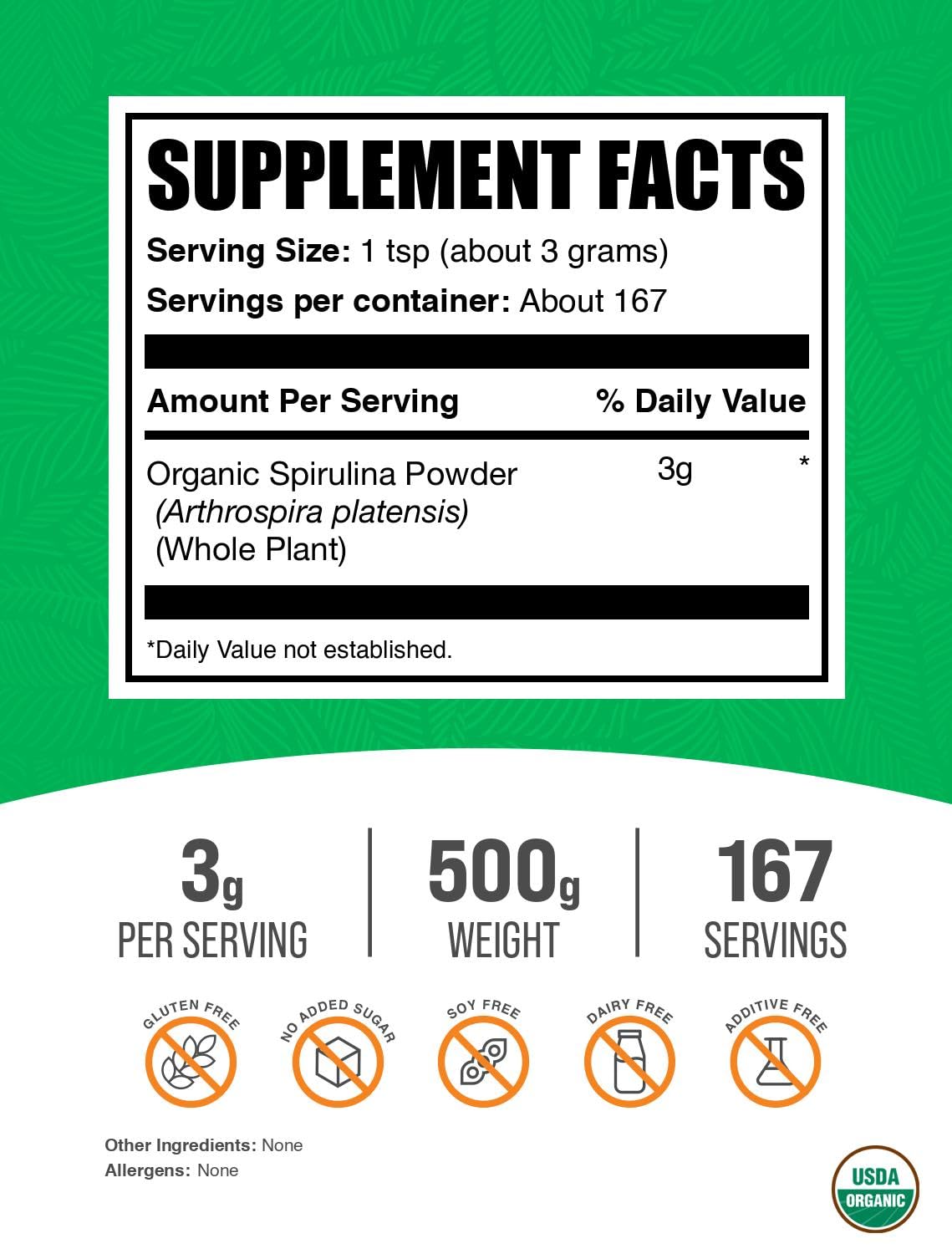 Close up of BulkSupplements green superfood spirulina powder highlighting its fine texture and high protein profile.