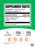 Pure Valeriana Officinalis extract powder packaging back label showing nutritional facts and mixing instructions
