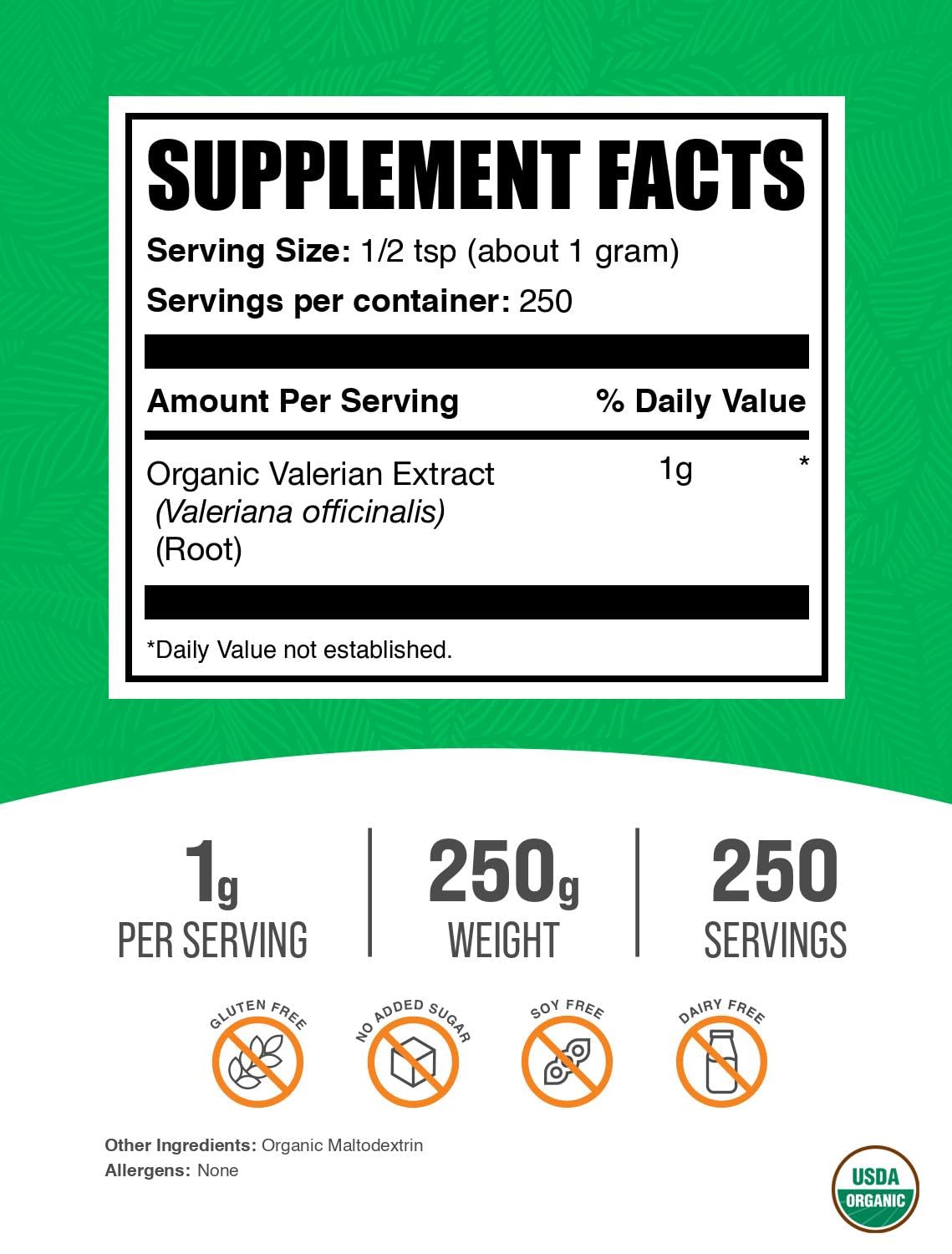 Pure Valeriana Officinalis extract powder packaging back label showing nutritional facts and mixing instructions