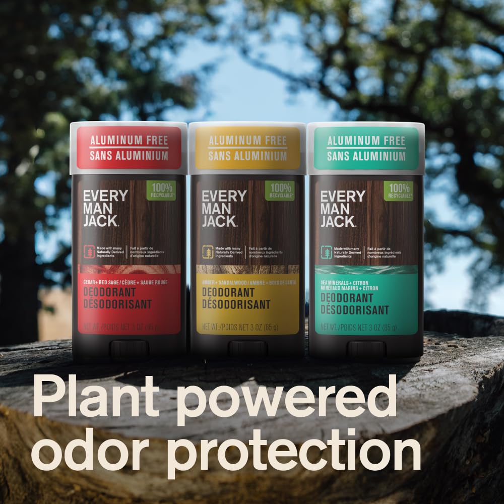 Every Man Jack natural mens stick deodorant showing the authentic amber and sandalwood fragrance label.