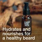 Every Man Jack naturally derived beard softening moisturizer packaging close up.