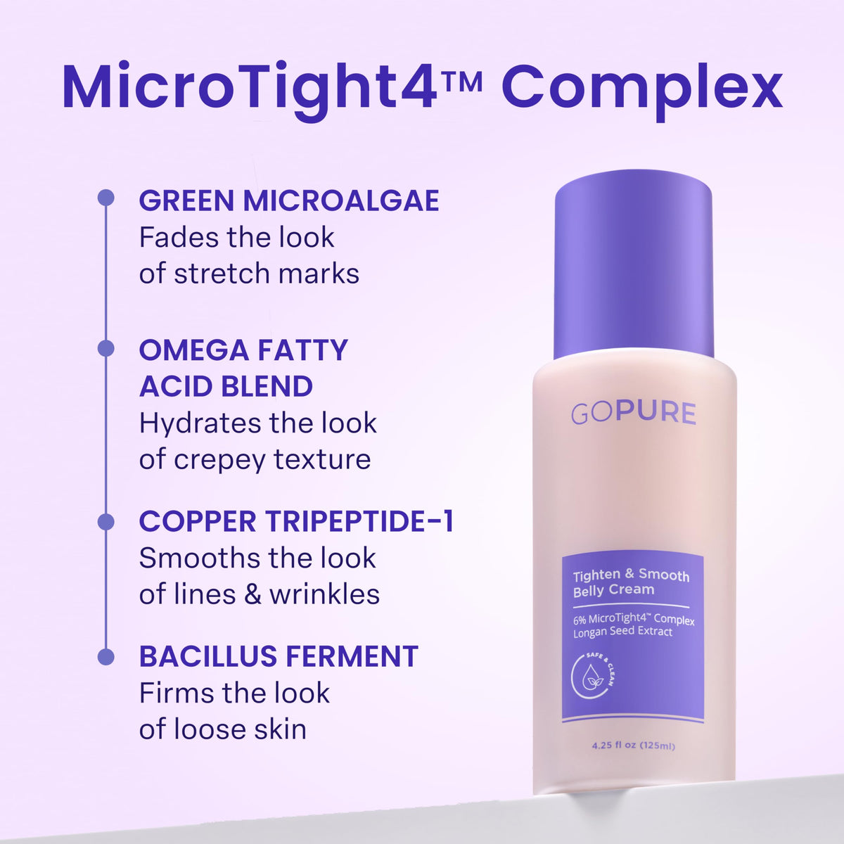 Back label of GOPURE belly cream showing ingredient list including rosehip seed oil and longan seed extract