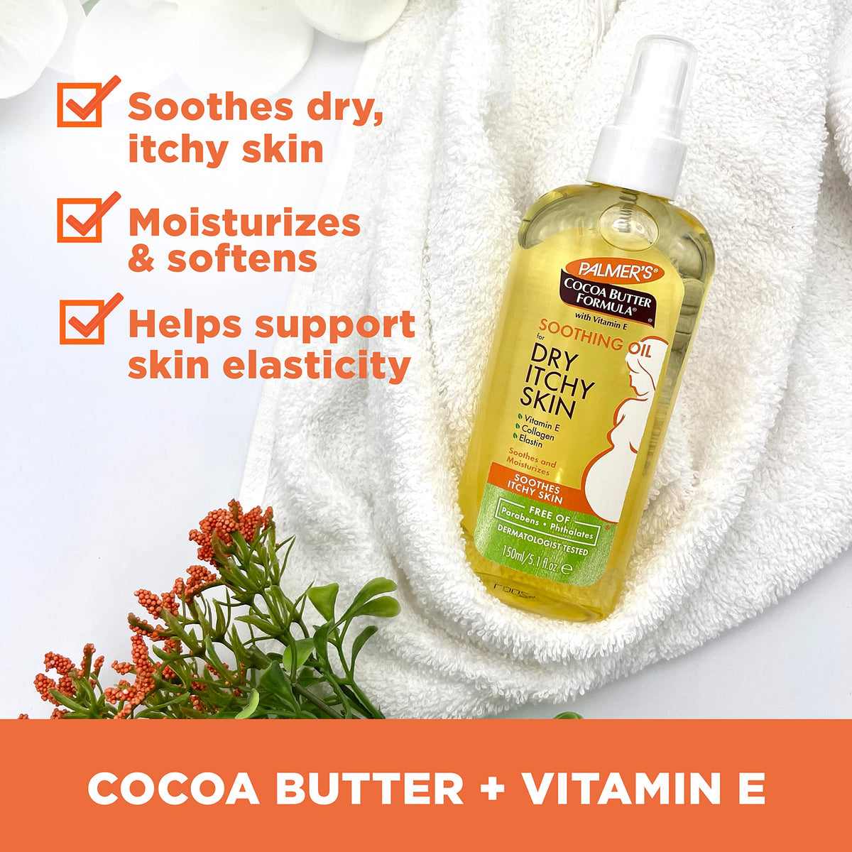 Palmer's dry itchy skin relief oil bottle showing vitamin E and collagen ingredients