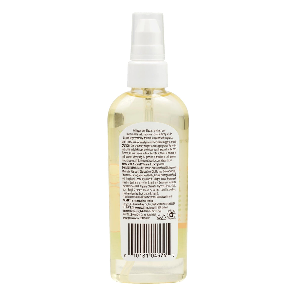Palmer's pregnancy skincare massage oil bottle showing ingredients and benefits