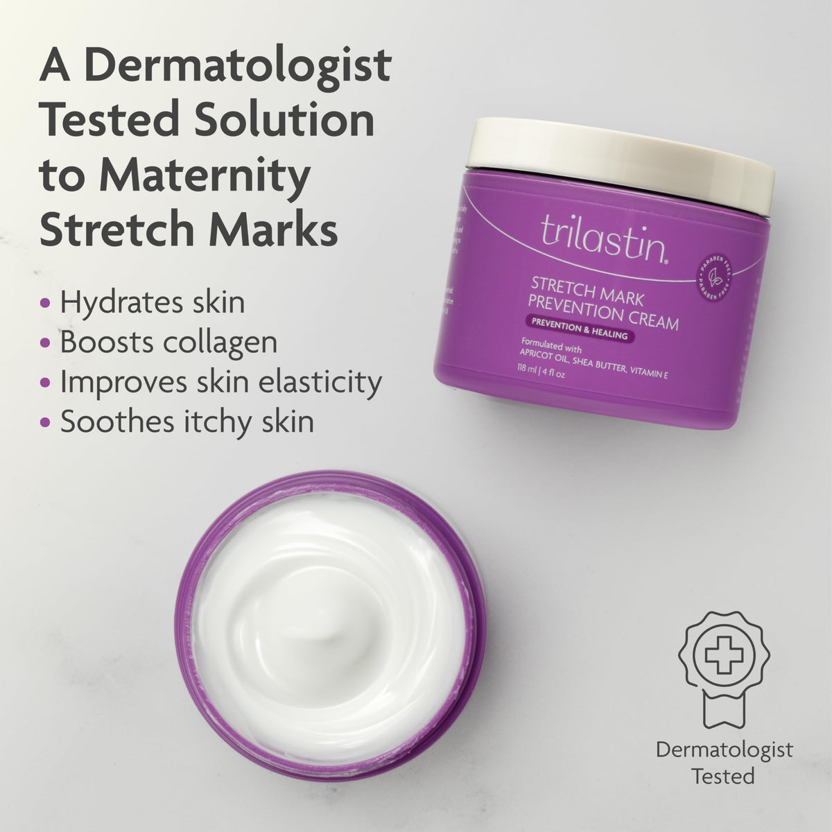 TriLASTIN hydrating belly cream with shea butter texture and packaging details