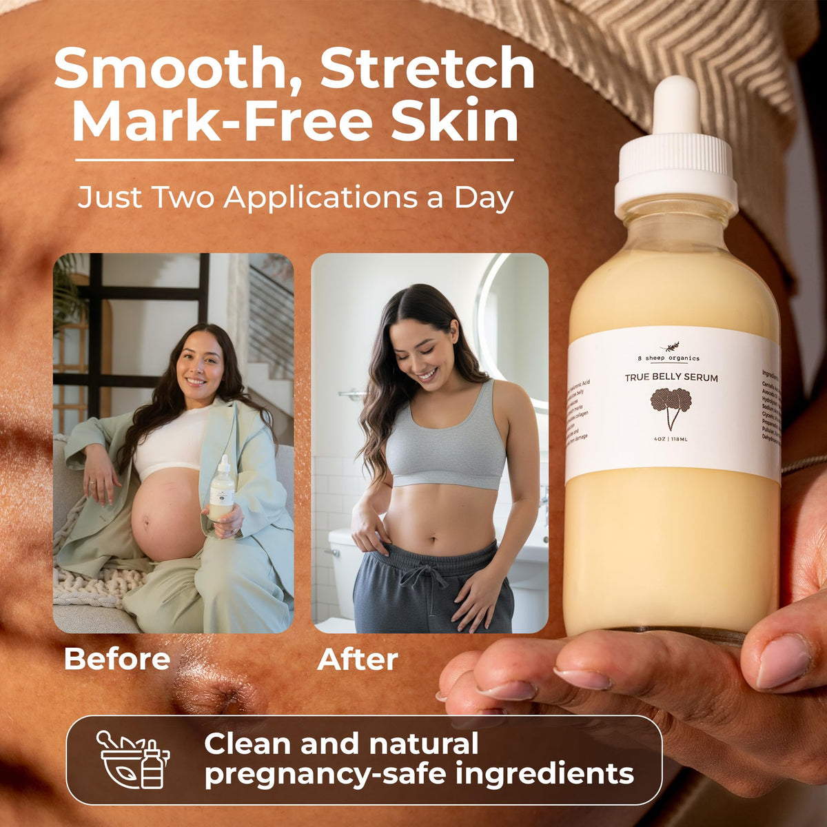 8 Sheep Organics True Belly Serum packaging highlighting the pregnancy safe labels.