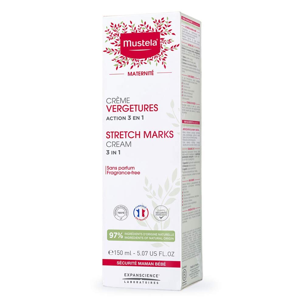 Mustela fragrance free stretch marks cream tube with avocado and shea butter icons