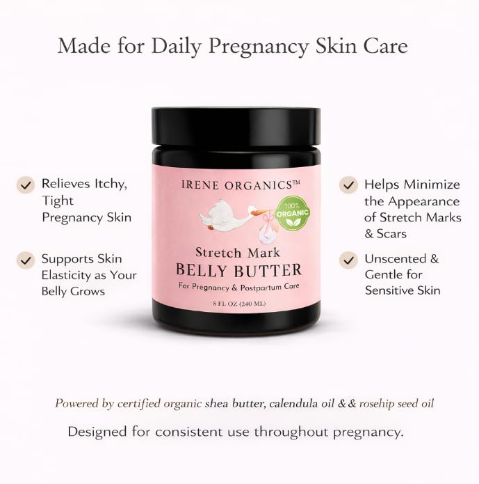 Irene Organics pregnancy tummy balm jar highlighting the clean, fragrance-free ingredient list.