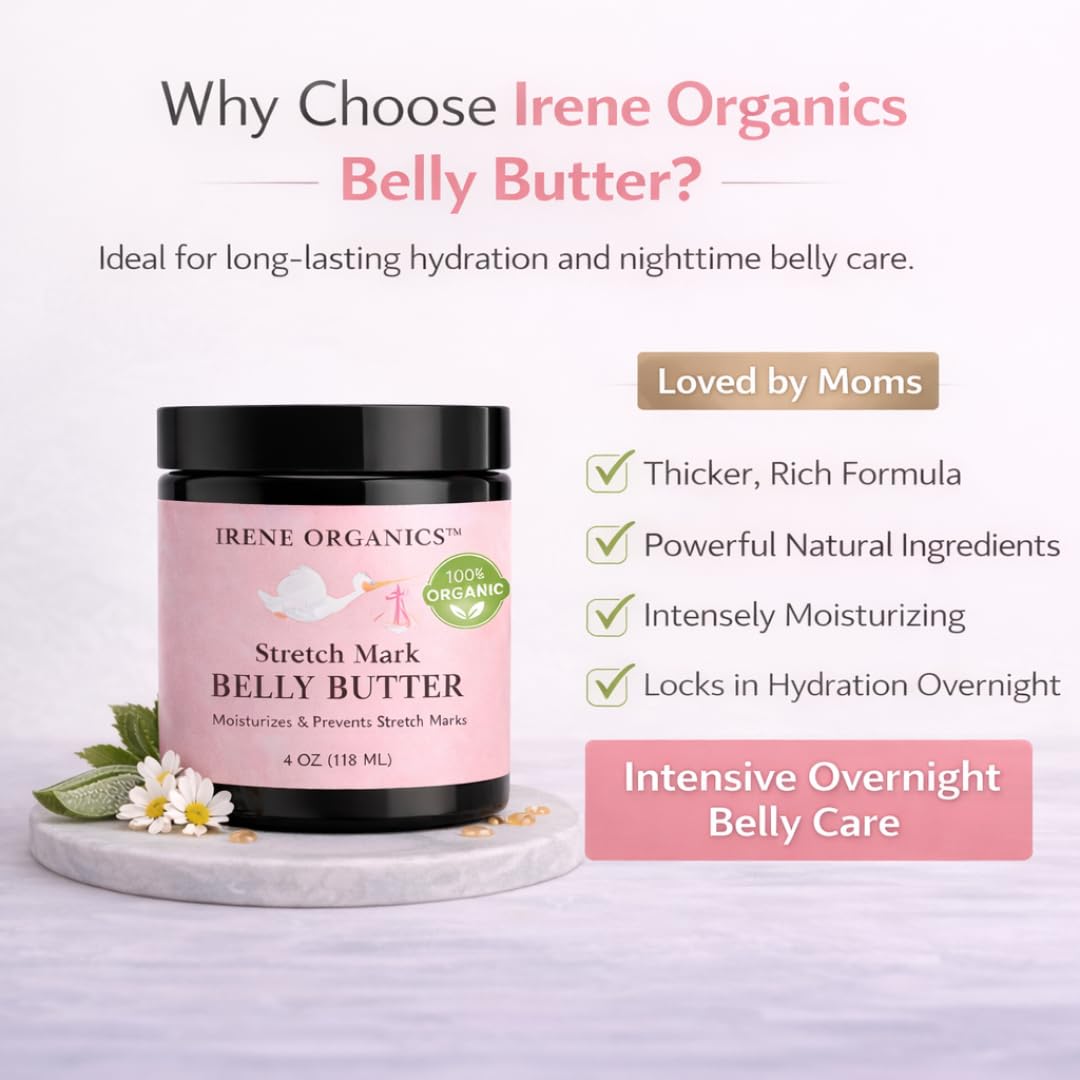 Organic maternity stretch mark cream by Irene Organics for deep skin hydration during prenatal care.