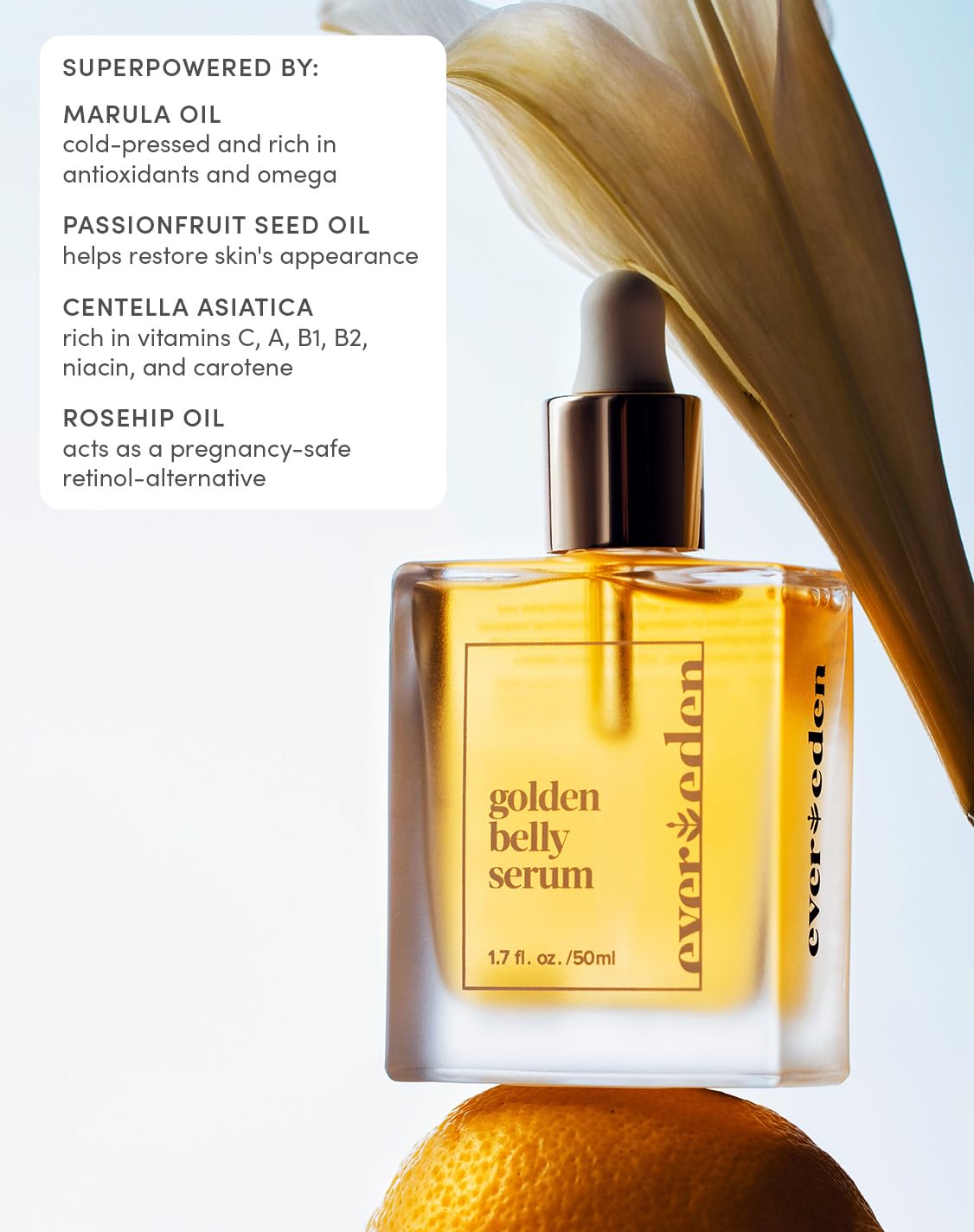 Evereden non toxic stretch mark oil bottle angled view highlighting botanical ingredients