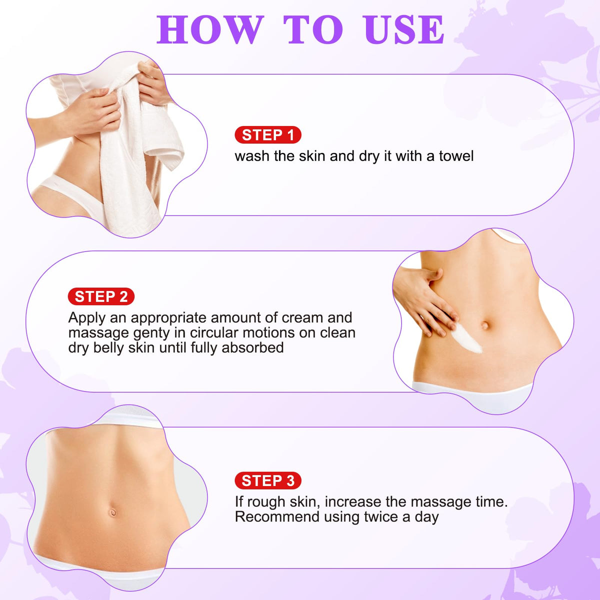 BETTENKO belly skin cream packaging showing the directions for lifting loose thigh and butt skin.