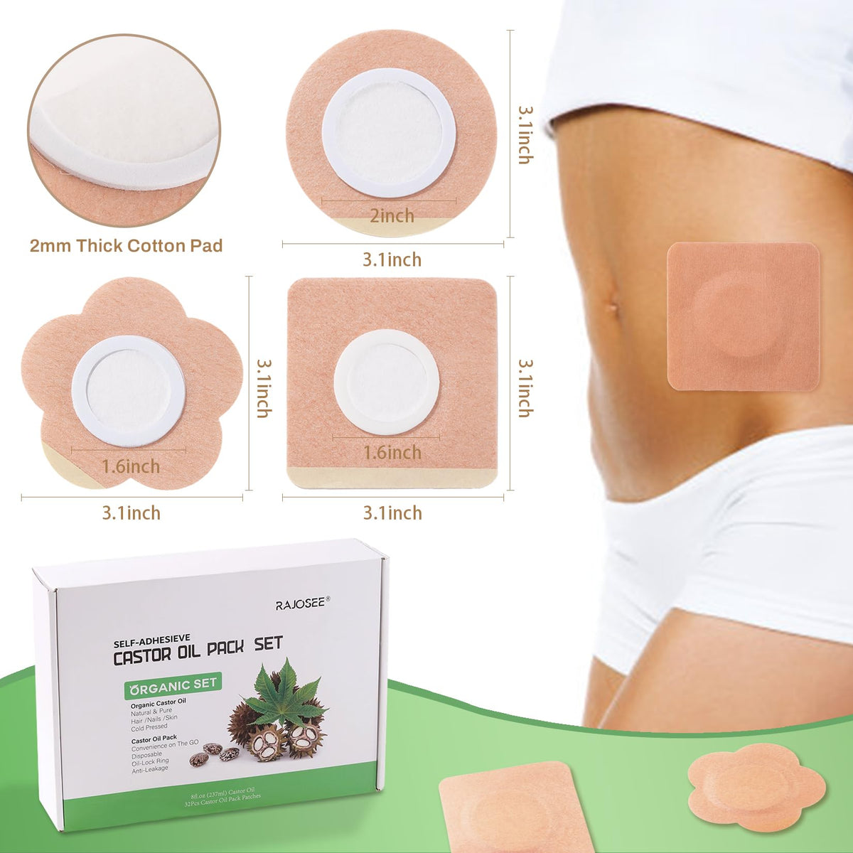 Self adhesive cotton belly button patches in round and square shapes