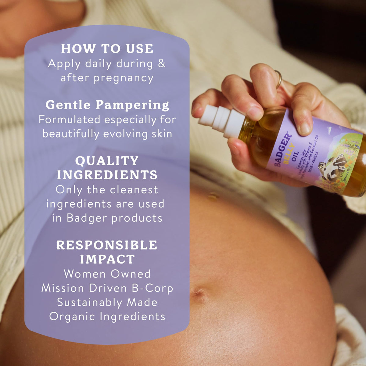 Hypoallergenic non greasy pregnant belly massage oil back label details