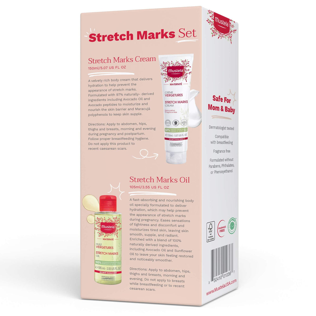EWG verified Mustela anti stretch mark cream and natural belly oil product packaging