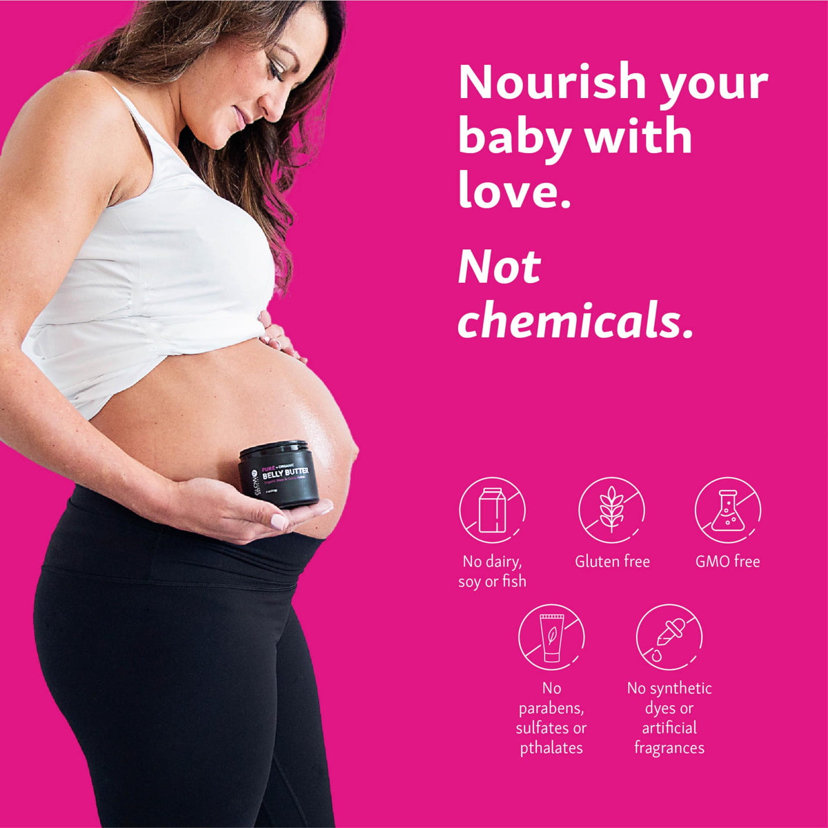 Glow Organics safe organic stretch mark butter product label details.