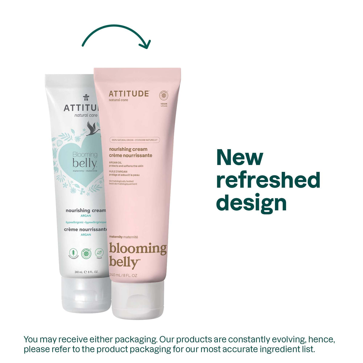 ATTITUDE Blooming Belly maternity lotion tube highlighting Moroccan argan oil ingredient