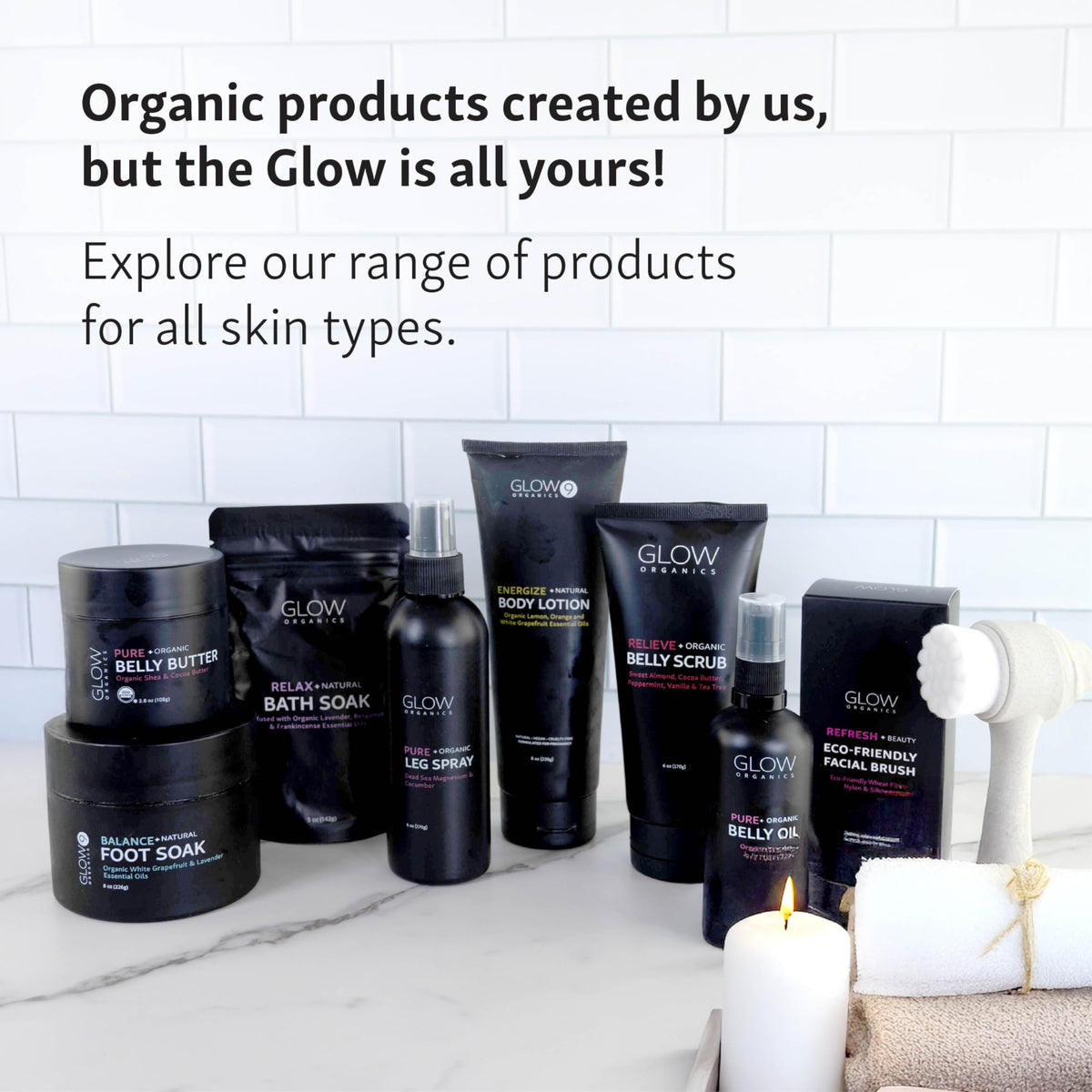 Glow Organics 100 percent organic belly butter full product line context.