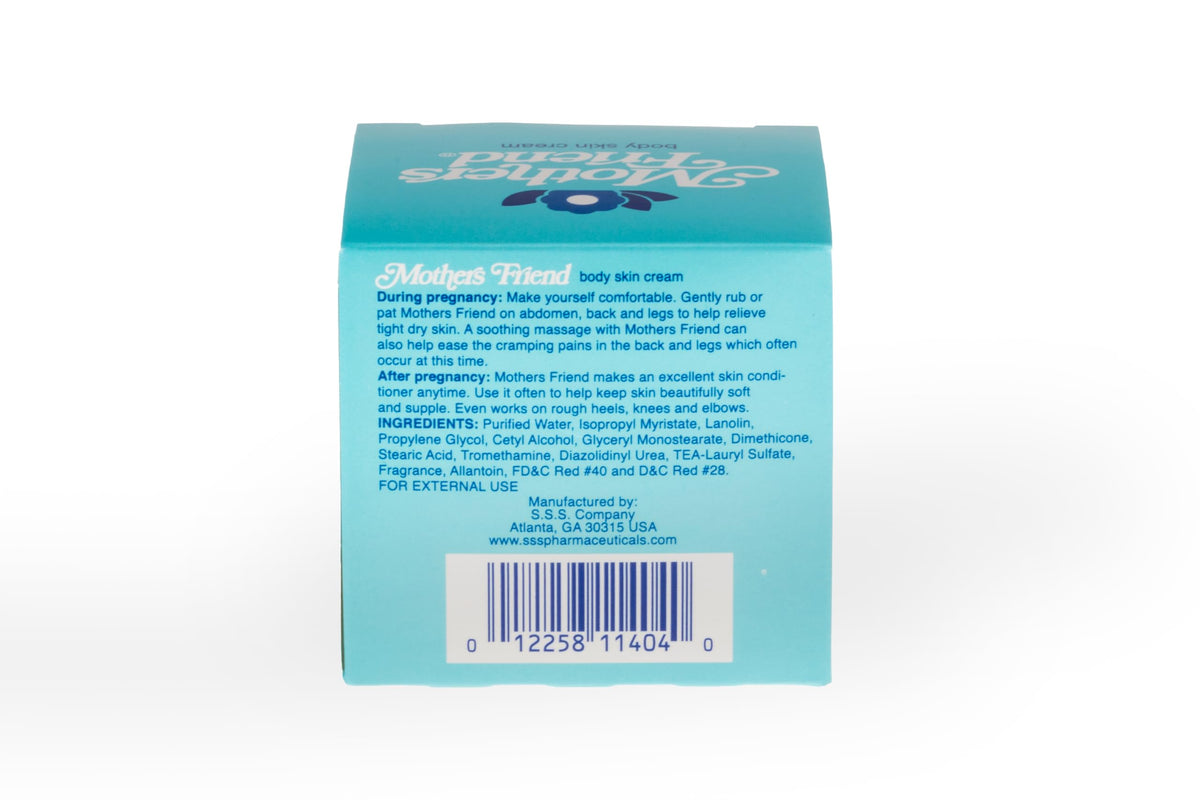 Mothers Friend pregnancy stretch mark care cream jar displaying product labels and benefits.