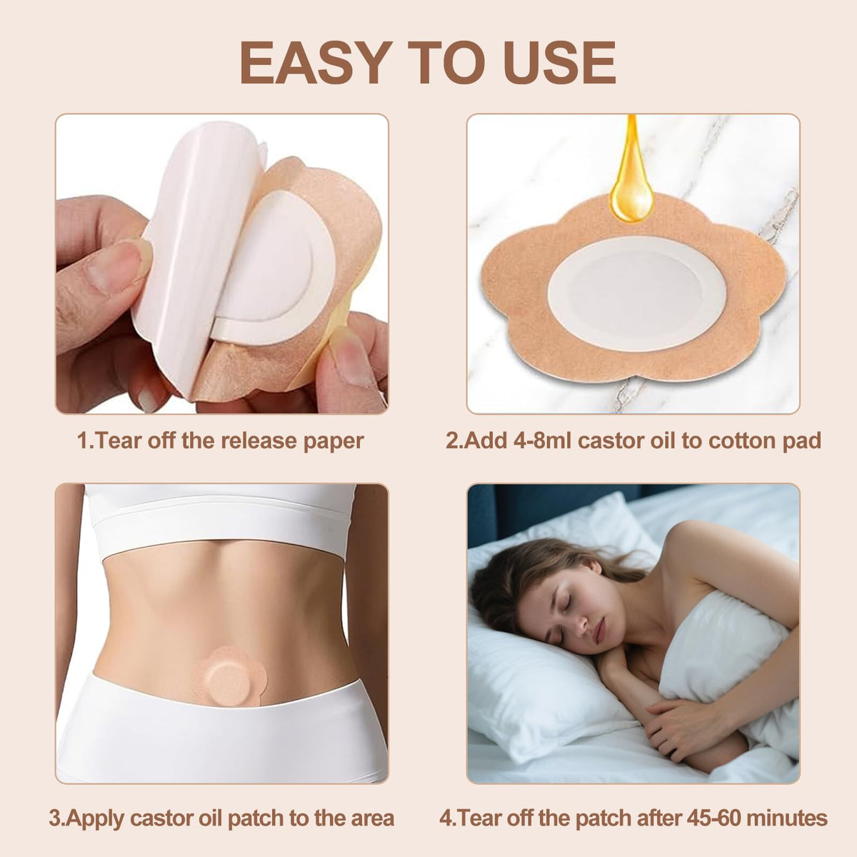 Self-adhesive disposable castor oil pack wrap showing organic cotton core