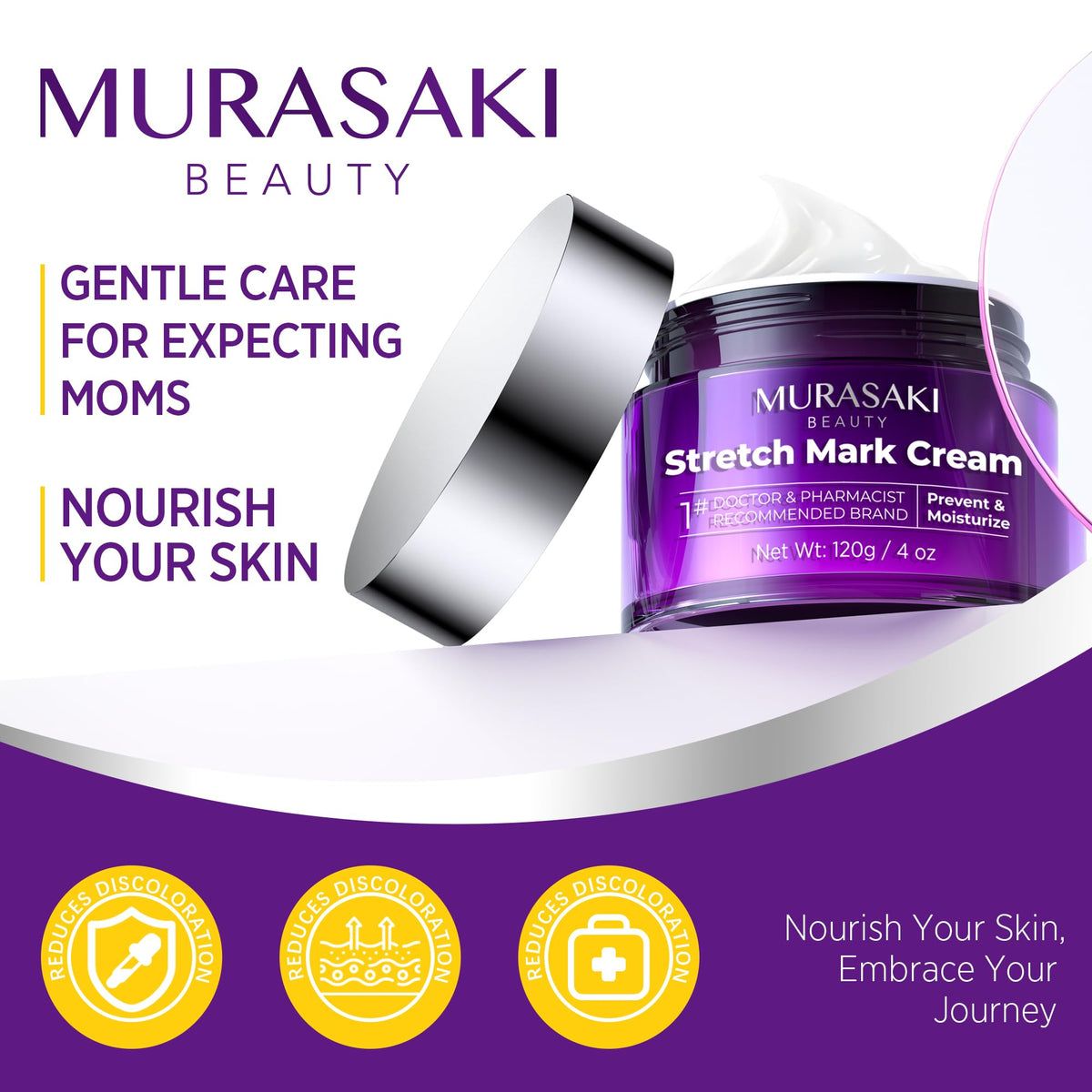 Lightweight whipped texture of Murasaki Beauty stretch mark prevention cream being applied.
