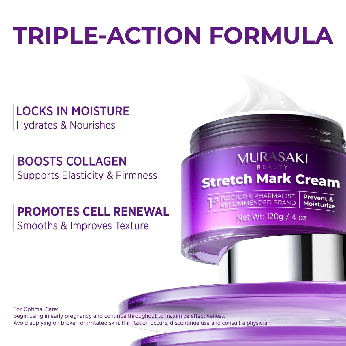 Murasaki Beauty stretch mark cream demonstrating fast absorbing and non greasy application.