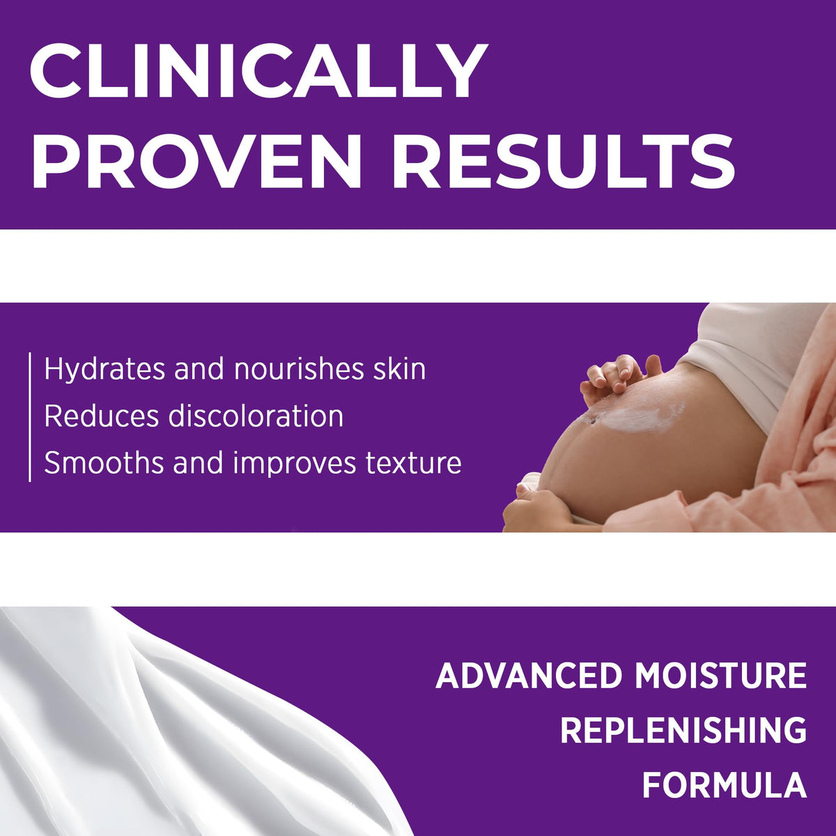 Safe maternity skincare cream for expecting mothers targeting belly and hips hydration.