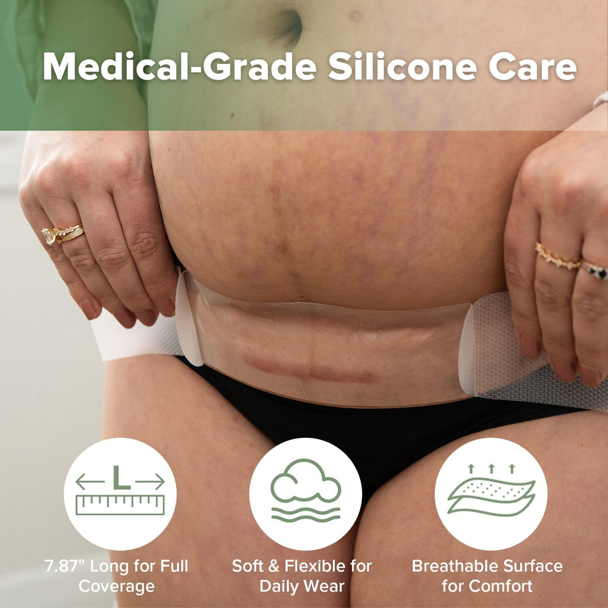 Six pieces of postpartum silicone scar sheets on the included storage board displaying two different thicknesses