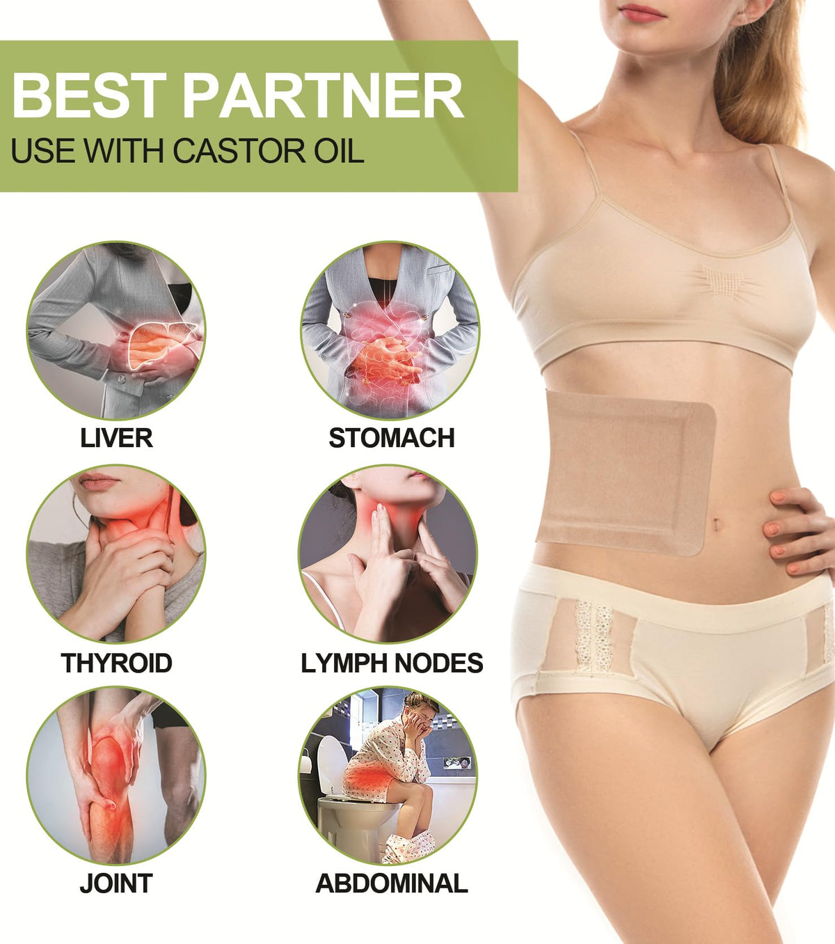 Organic cotton castor oil patch showcasing the leak resistant border and backing paper removal