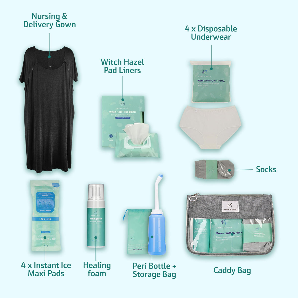 Mama And Wish labor and delivery gown with front and back snap closures for breastfeeding