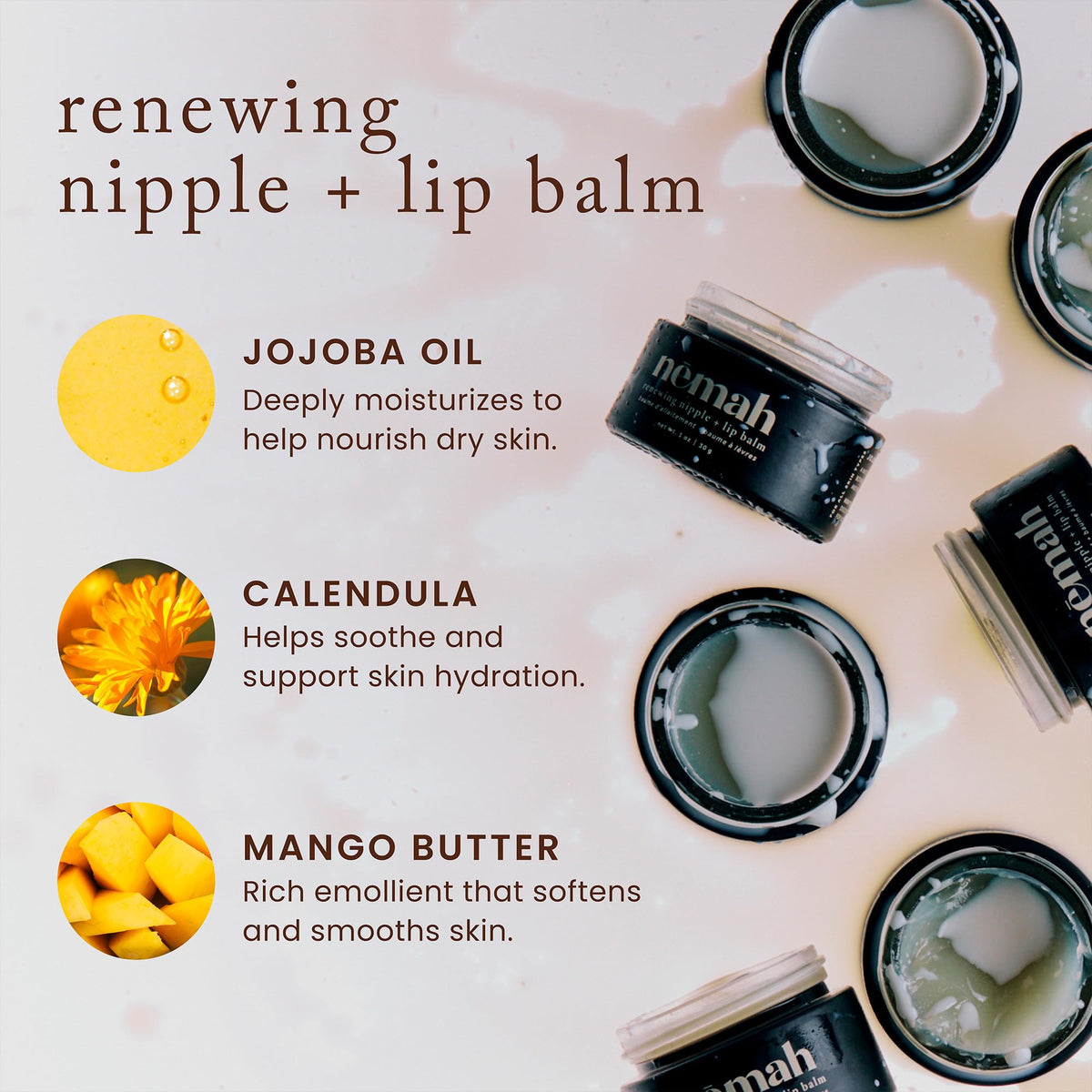Organic calendula and jojoba oil multi use nursing balm texture close up