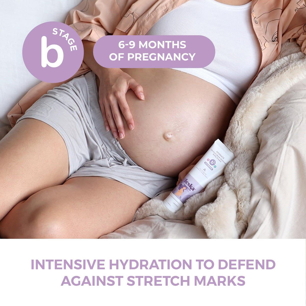 Leska maternity pregnancy stretch mark prevention cream packaging highlighting third trimester care