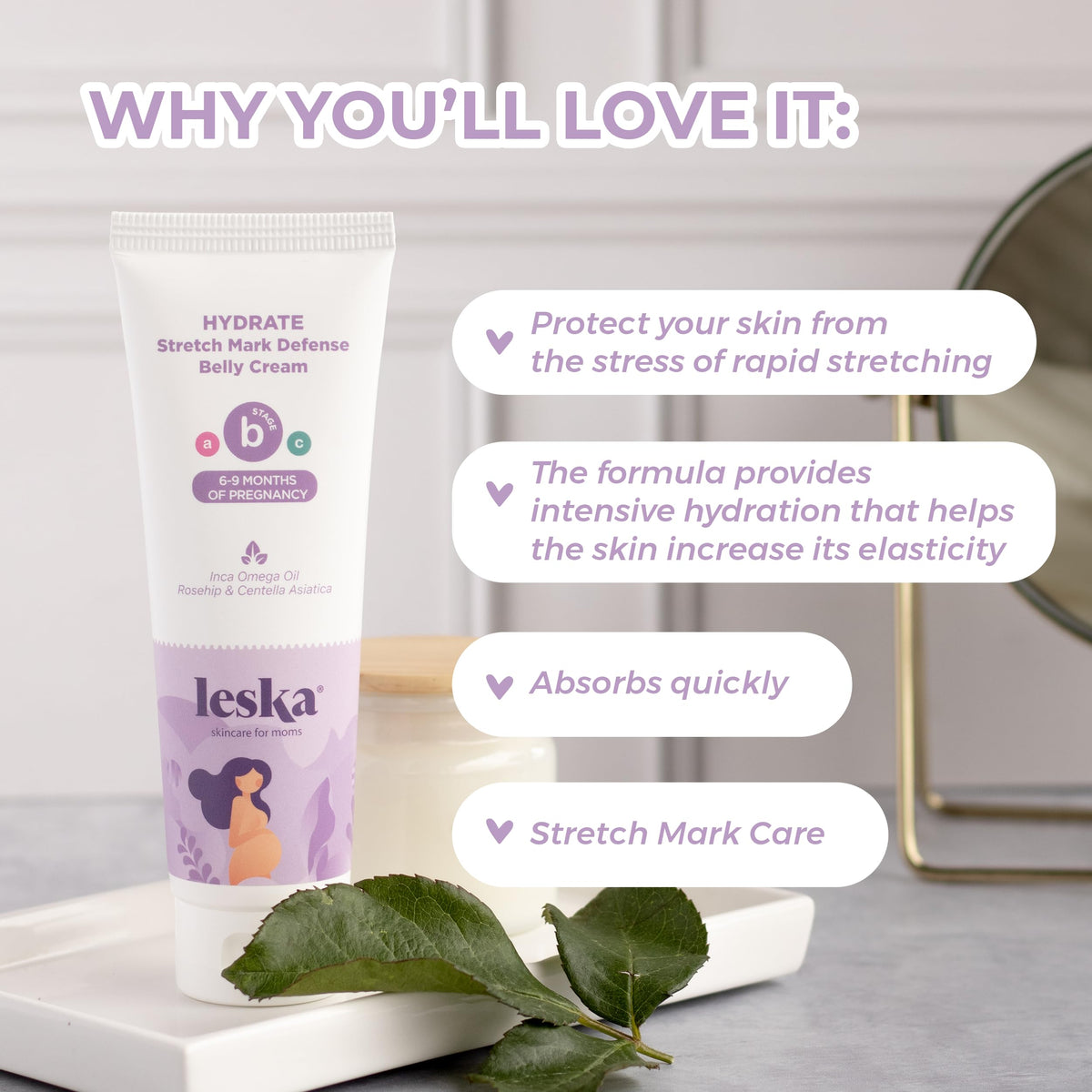 Leska Stage B belly cream for pregnancy months six to nine showing product texture