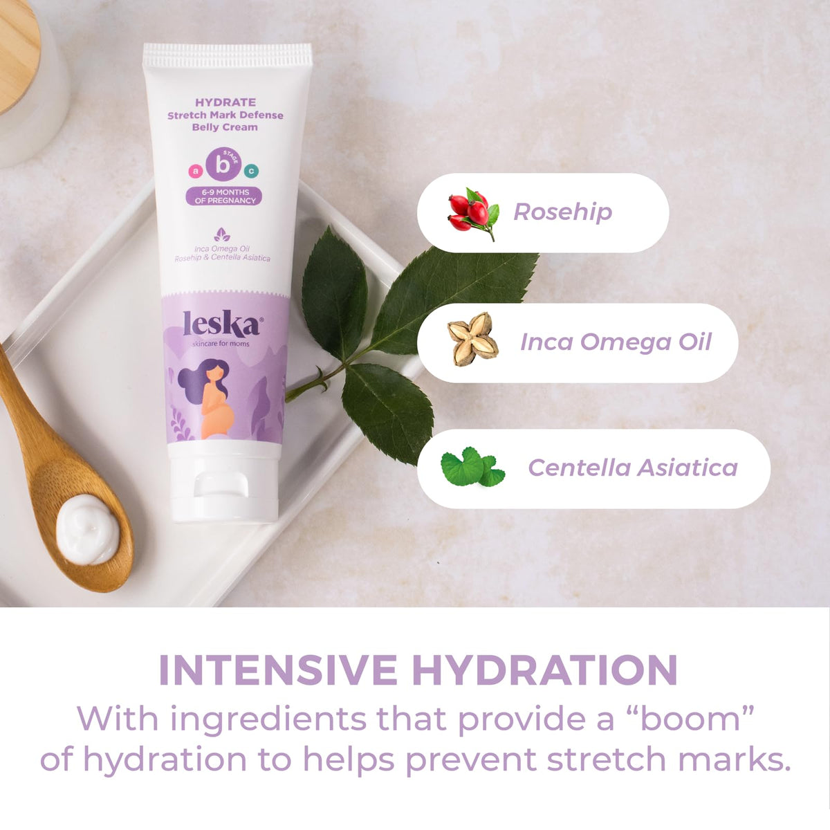 Authentic USA imported Leska stretch mark defense cream bottle with ingredient list visible