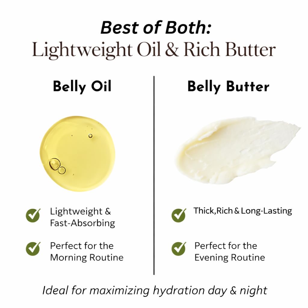 Lightweight non-greasy organic stretch mark support belly oil bottle.