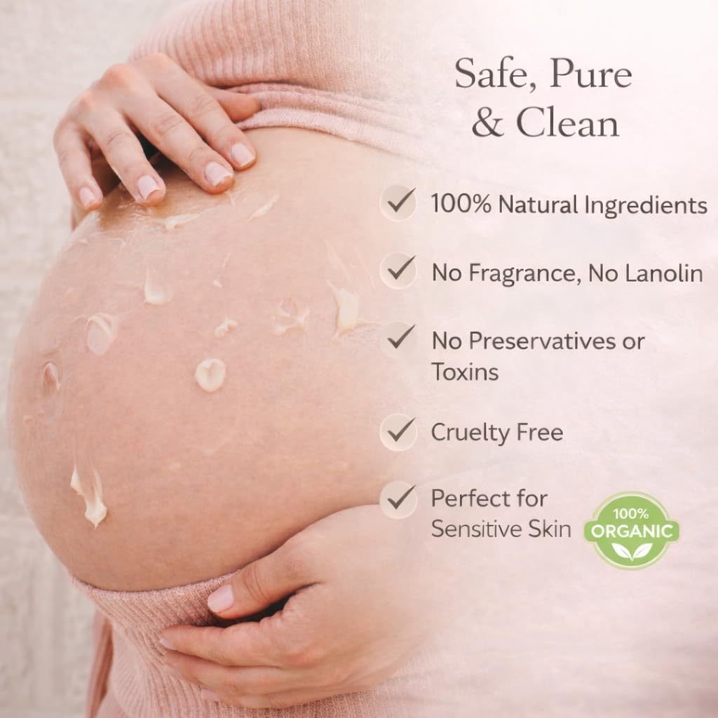 Irene Organics two-step pregnancy belly butter and oil application demonstration.