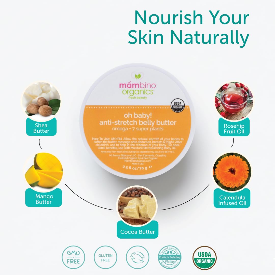 Mambino Organics stretch mark cream jar showing certified organic ingredient list