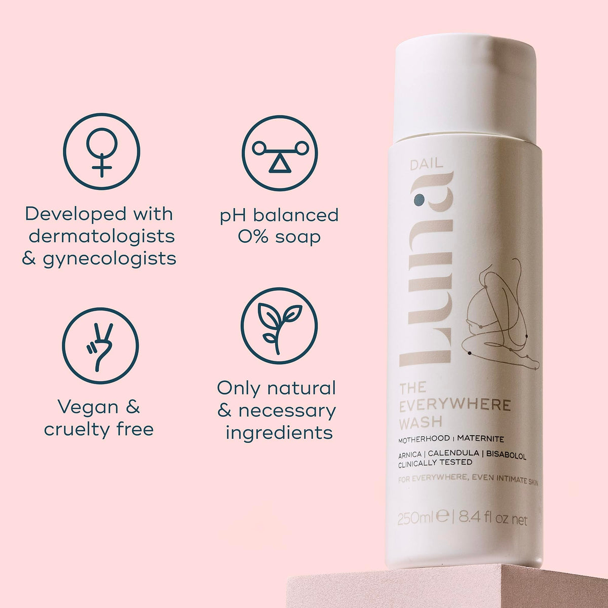 Authentic imported Luna Daily intimate cleanser bottle displaying the 250ml size indicator.