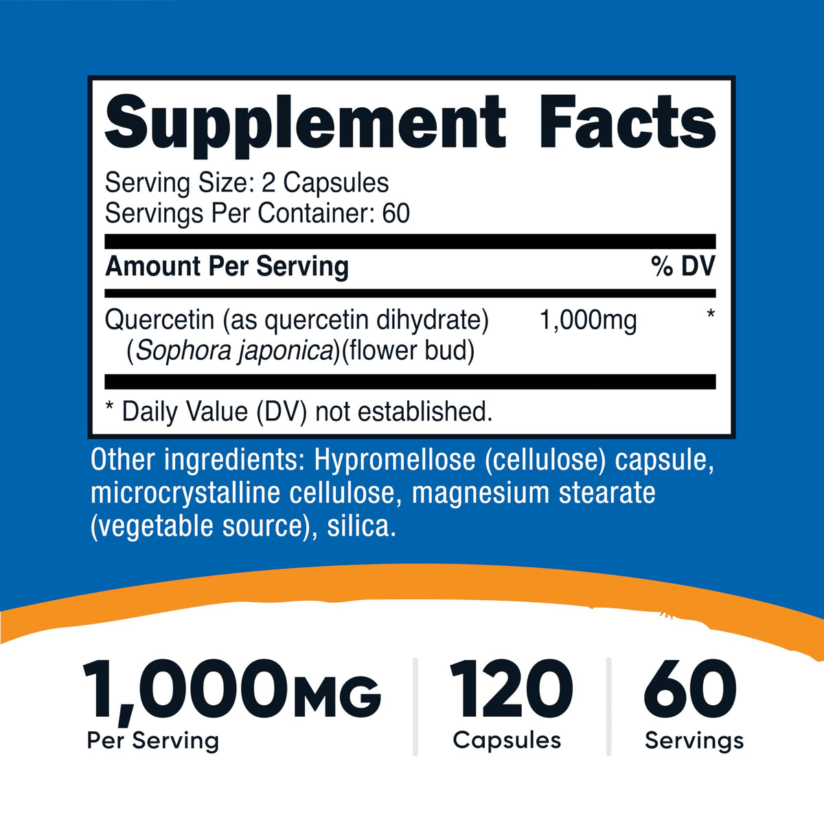 Supplement facts label on the back of Nutricost Quercetin 1000mg packaging highlighting non-GMO and gluten-free certifications.