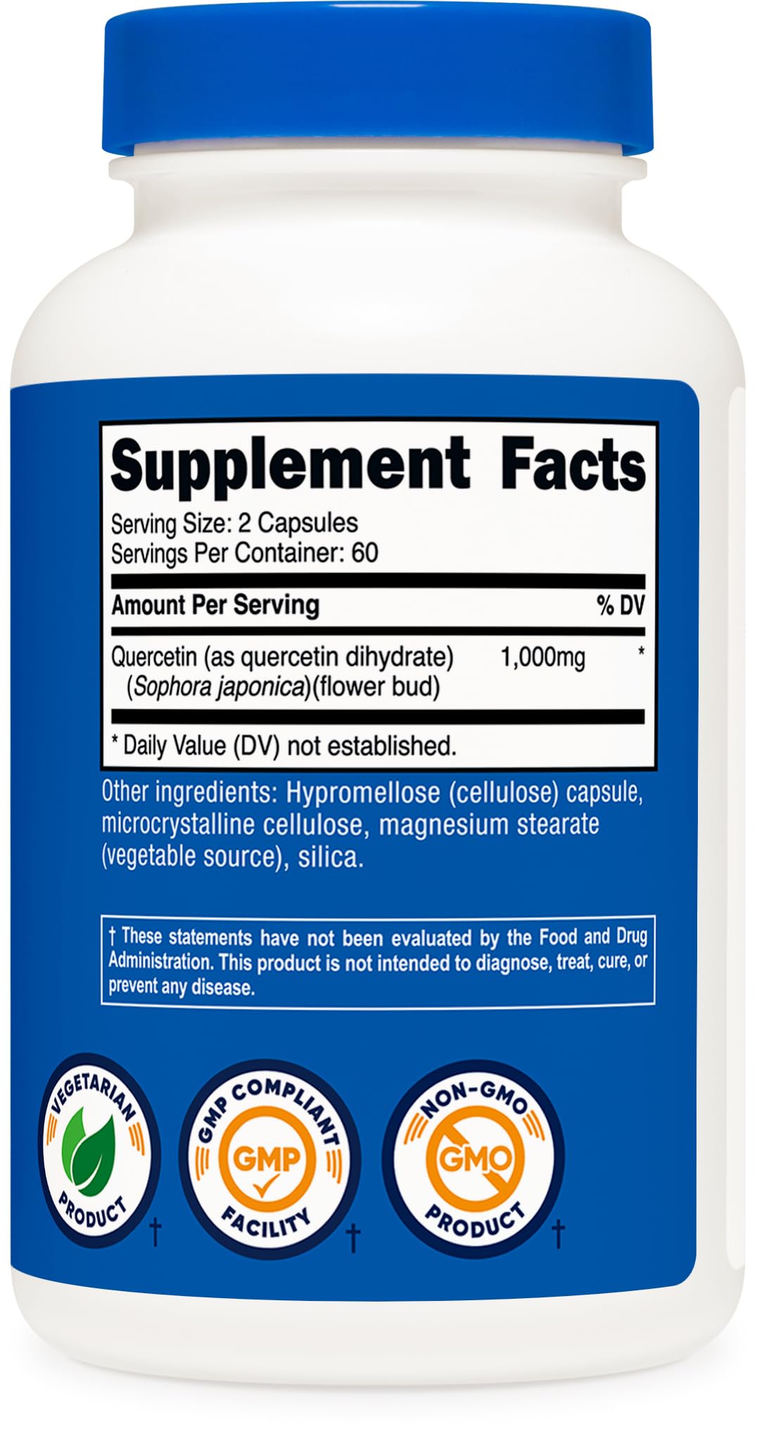 Nutricost Quercetin 120 capsules container displayed clearly showing the GMP compliant and third-party tested seals.